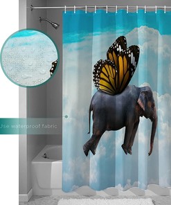 Sky Blue Funny Elephant Butterfly Unique Shower Curtain for Bathroom Decor