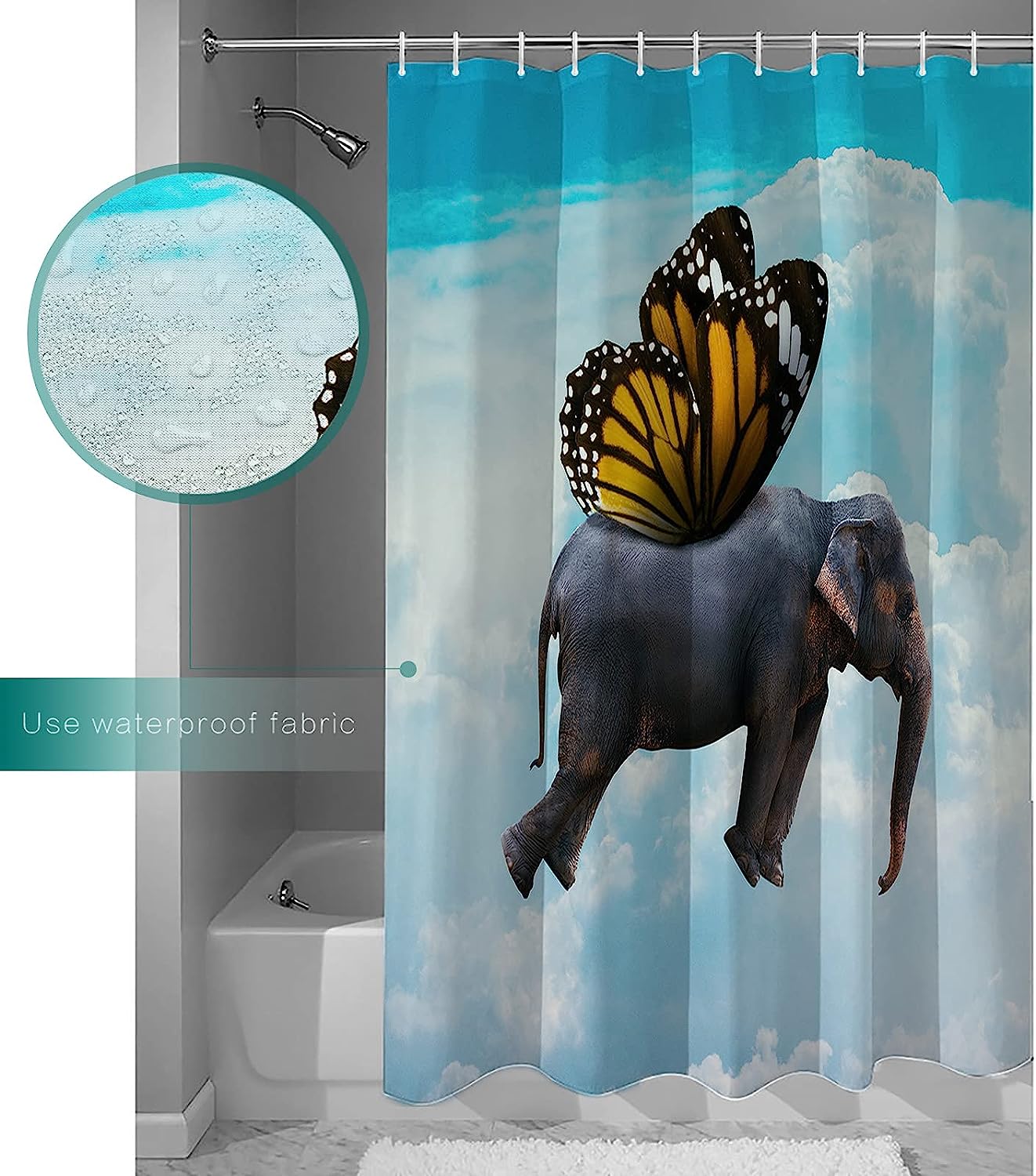 Sky Blue Funny Elephant Butterfly Unique Shower Curtain for Bathroom Decor