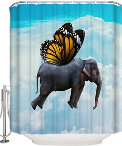 Sky Blue Funny Elephant Butterfly Unique Shower Curtain for Bathroom Decor