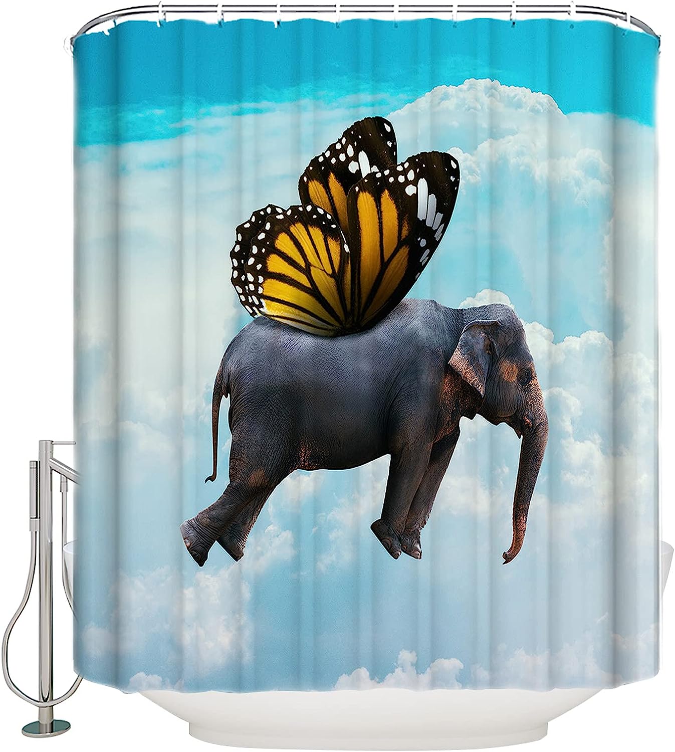 Sky Blue Funny Elephant Butterfly Unique Shower Curtain for Bathroom Decor