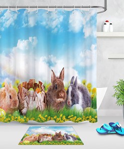 Sky Blue Green Grass Easter Rabbits Shower Curtain With Cute And Festive Design