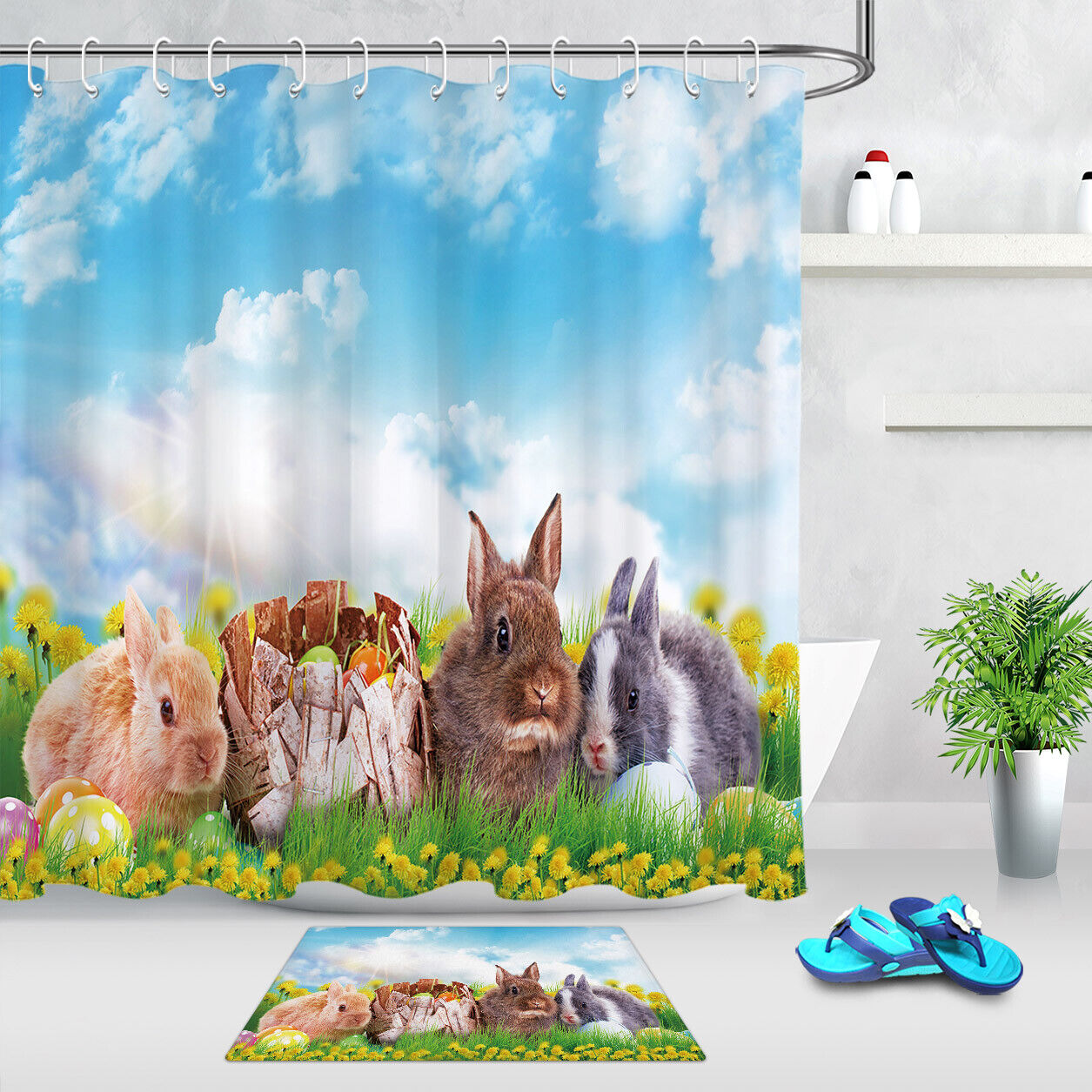 Sky Blue Green Grass Easter Rabbits Shower Curtain With Cute And Festive Design