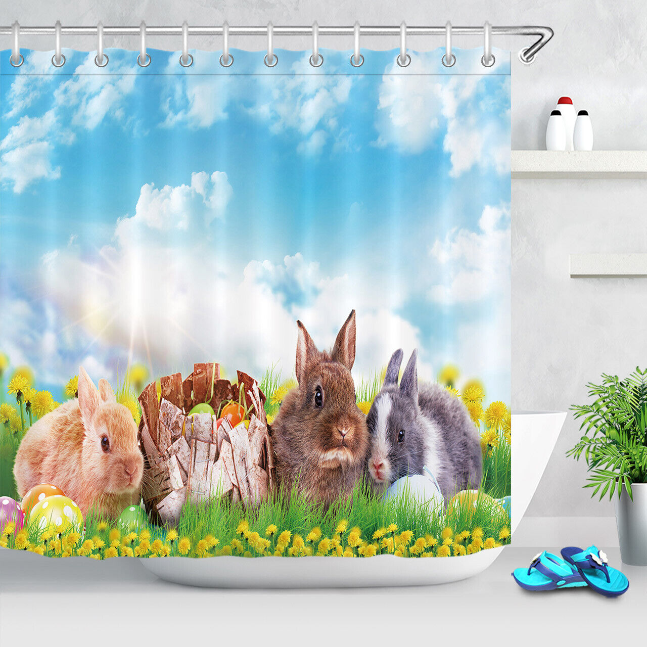 Sky Blue Green Grass Easter Rabbits Shower Curtain With Cute And Festive Design - Image 2