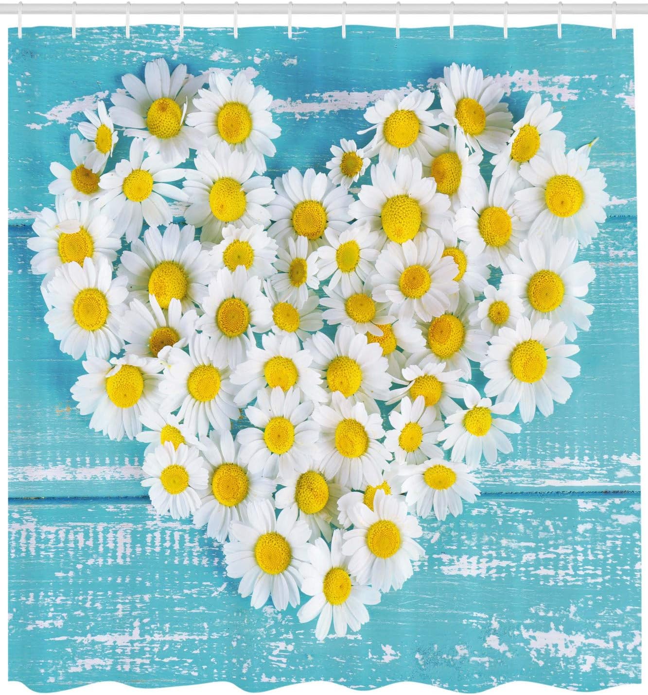 Sky Blue White Heart Shaped Daisy Flowers Romantic Lovers Chamomile Blossoms Print Shower Curtain - Image 2