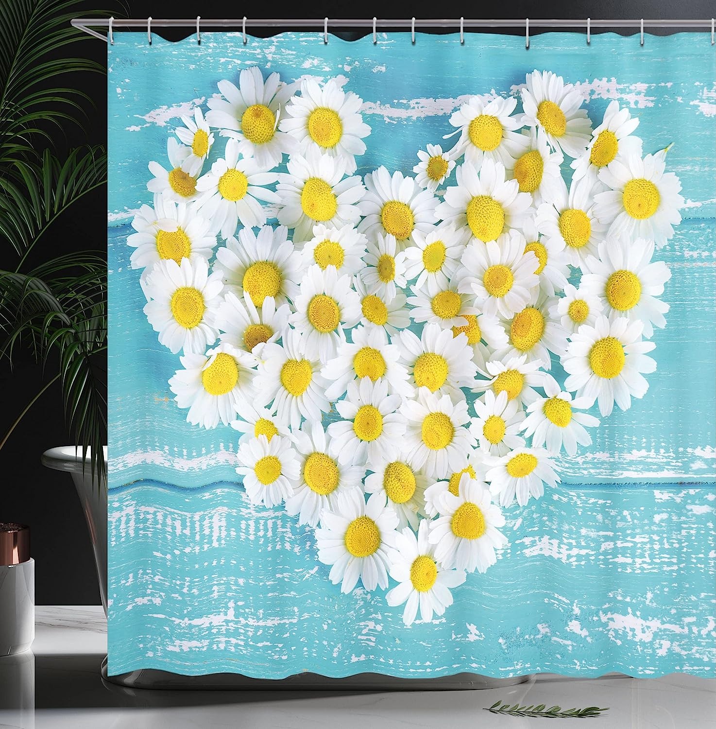 Sky Blue White Heart Shaped Daisy Flowers Romantic Lovers Chamomile Blossoms Print Shower Curtain - Image 3