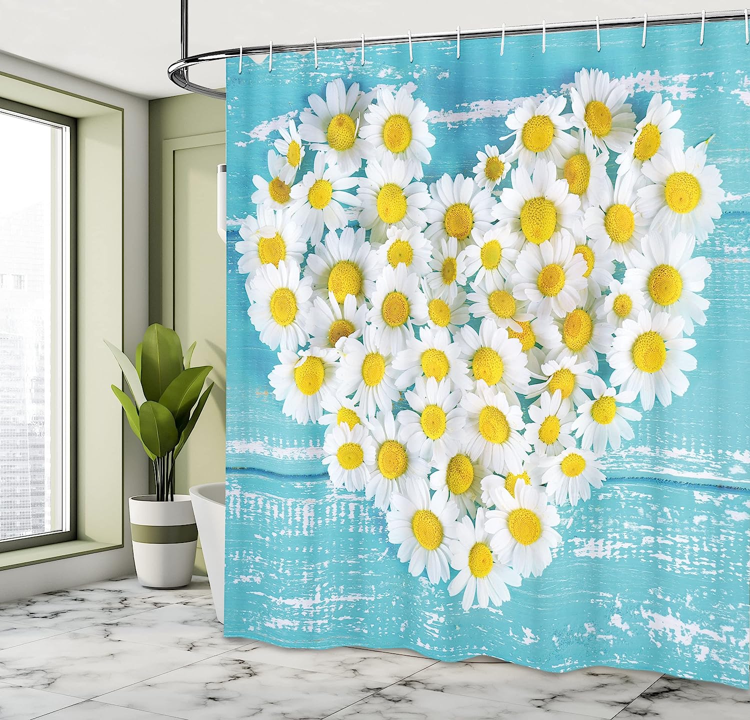 Sky Blue White Heart Shaped Daisy Flowers Romantic Lovers Chamomile Blossoms Print Shower Curtain - Image 4