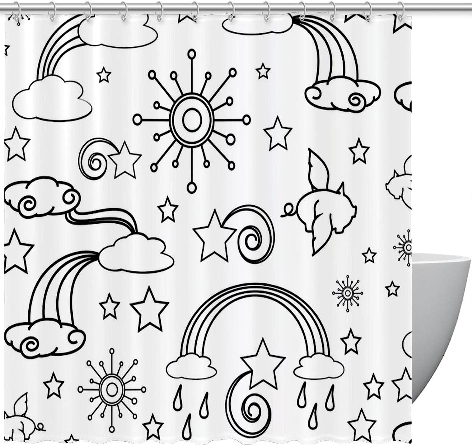 Sky Cloud Sun Hand Drawn Fabric Shower Curtain for Bathroom Decor