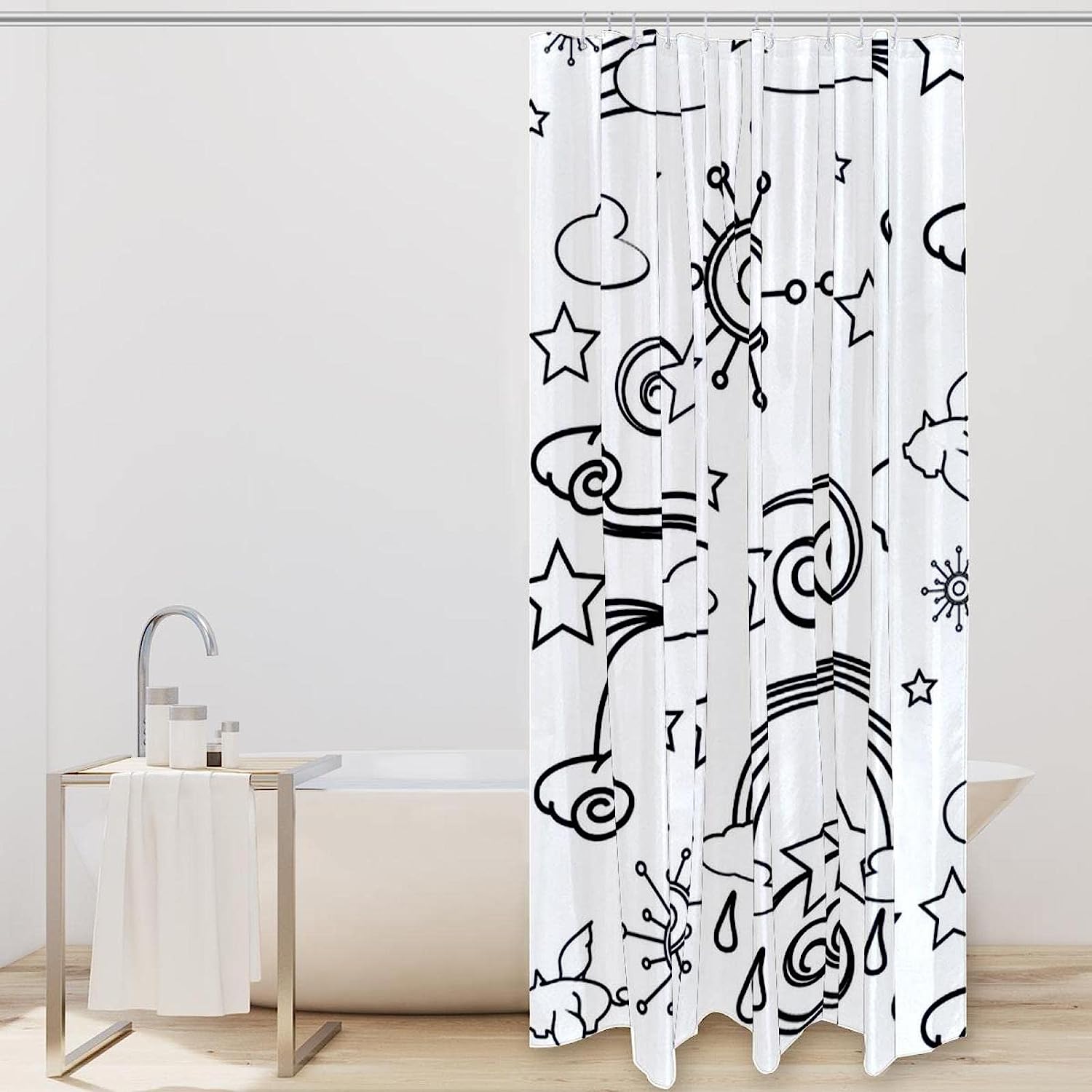 Sky Cloud Sun Hand Drawn Fabric Shower Curtain for Bathroom Decor