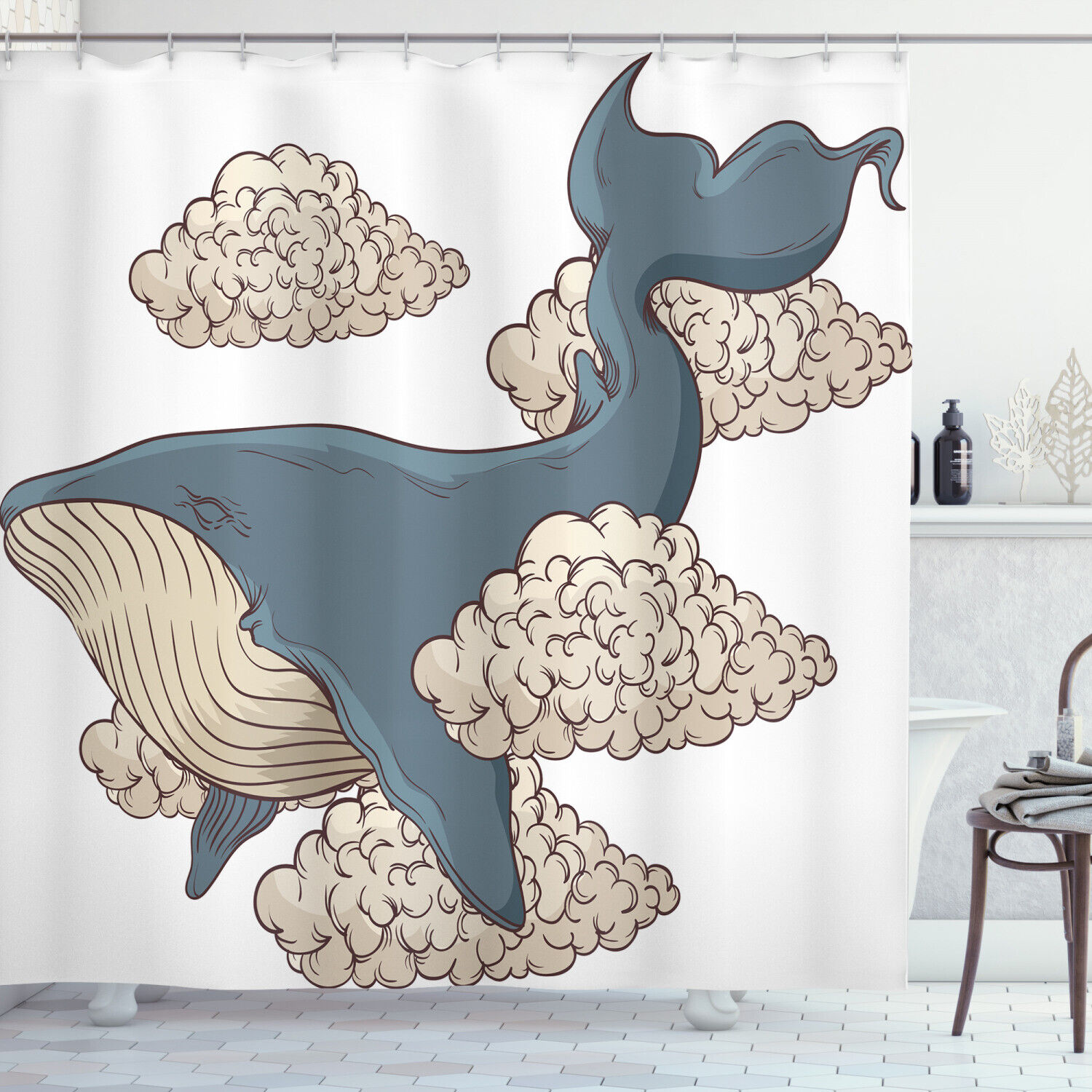 Sky Clouds Animal Fish Print Whale Shower Curtain for Unique Bathroom Decor