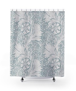 Slate Blue & White Pattern Vintage Floral Bathroom Accessory with William Morris Antique Flower Pattern Shower Curtain