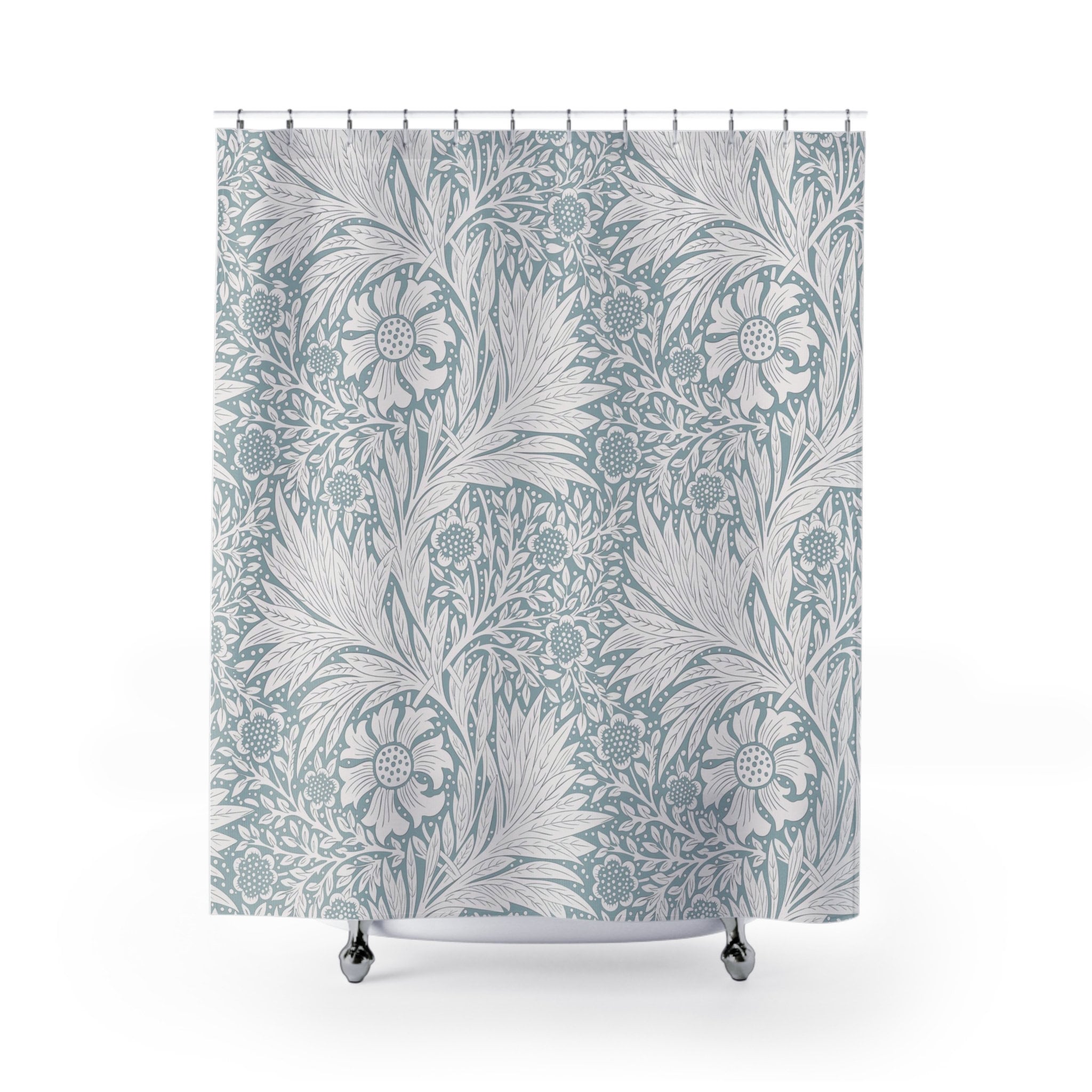 Slate Blue & White Pattern Vintage Floral Bathroom Accessory with William Morris Antique Flower Pattern Shower Curtain