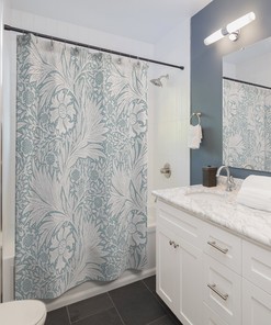 Slate Blue & White Pattern Vintage Floral Bathroom Accessory with William Morris Antique Flower Pattern Shower Curtain