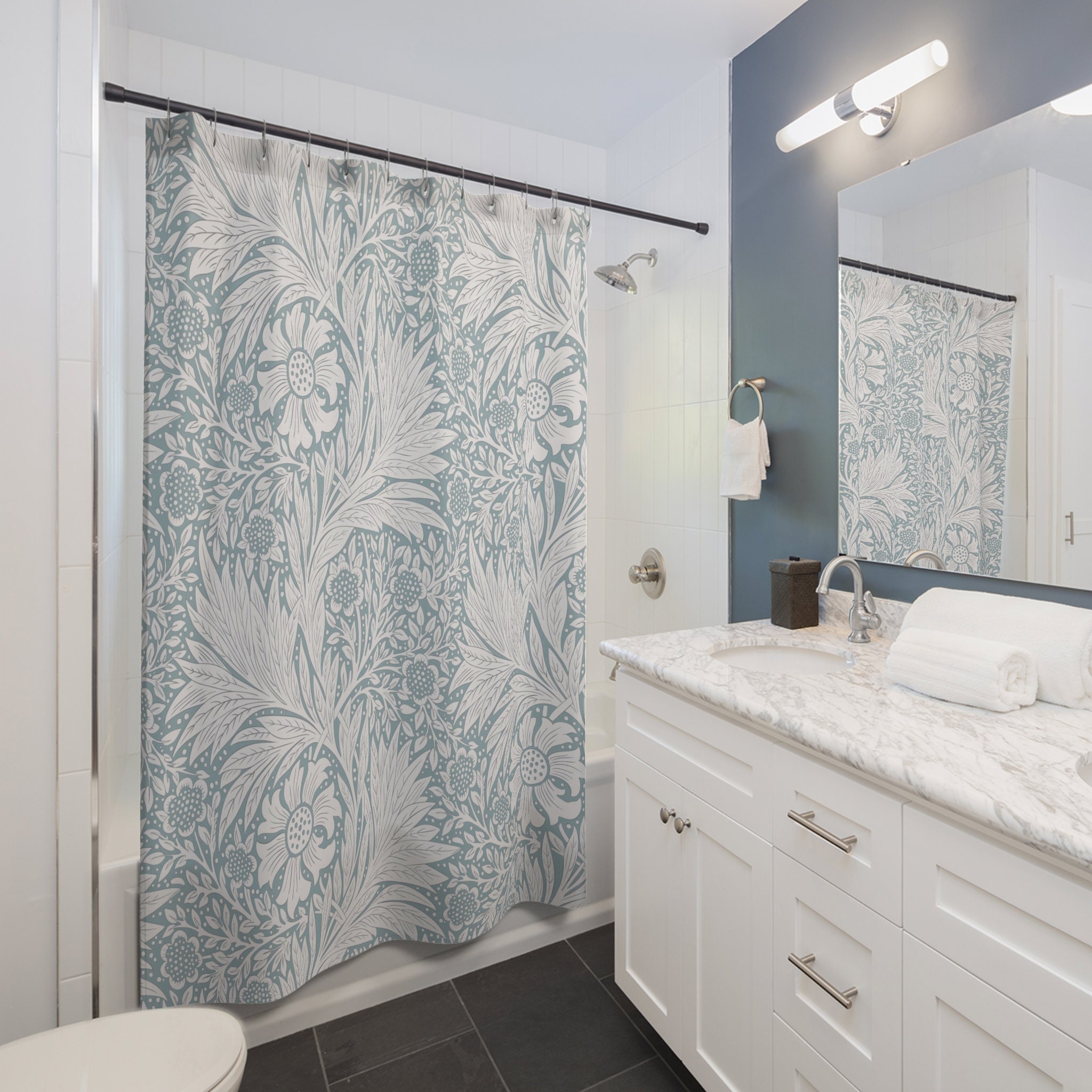 Slate Blue & White Pattern Vintage Floral Bathroom Accessory with William Morris Antique Flower Pattern Shower Curtain