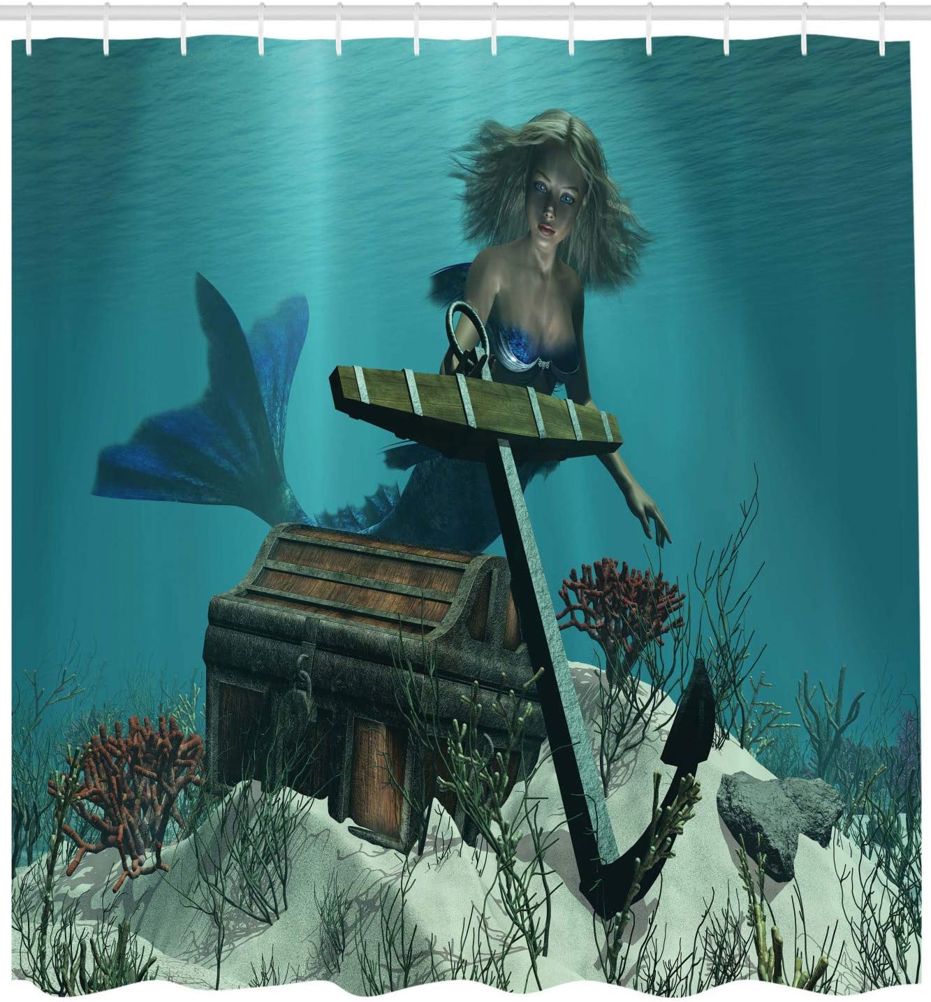 Sleeping Girl Design Wavy Hair Hand Drawn Effect Grungy Backdrop Mermaid Stall Shower Curtain, Fabric Bathroom Decors - Image 2