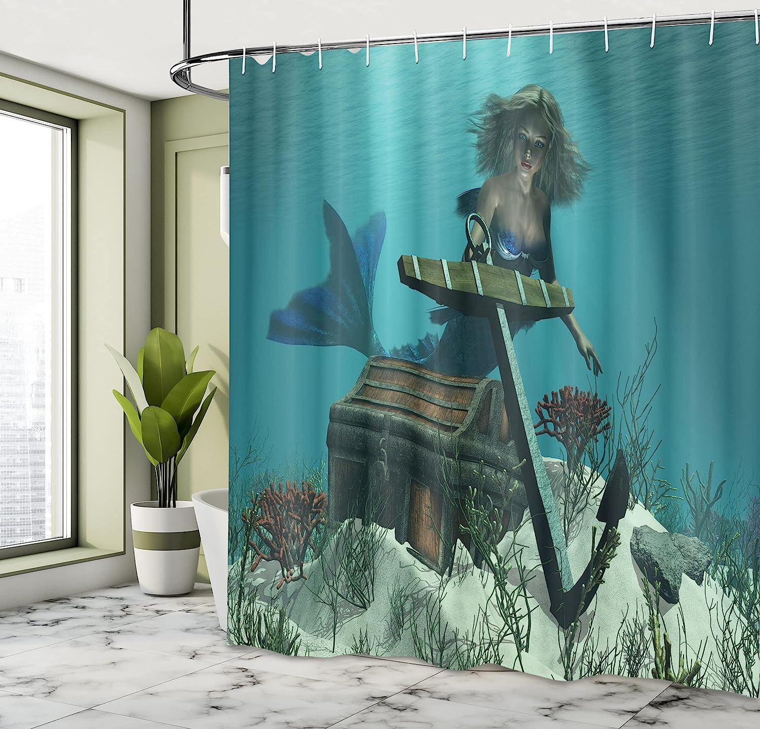 Sleeping Girl Design Wavy Hair Hand Drawn Effect Grungy Backdrop Mermaid Stall Shower Curtain, Fabric Bathroom Decors - Image 4