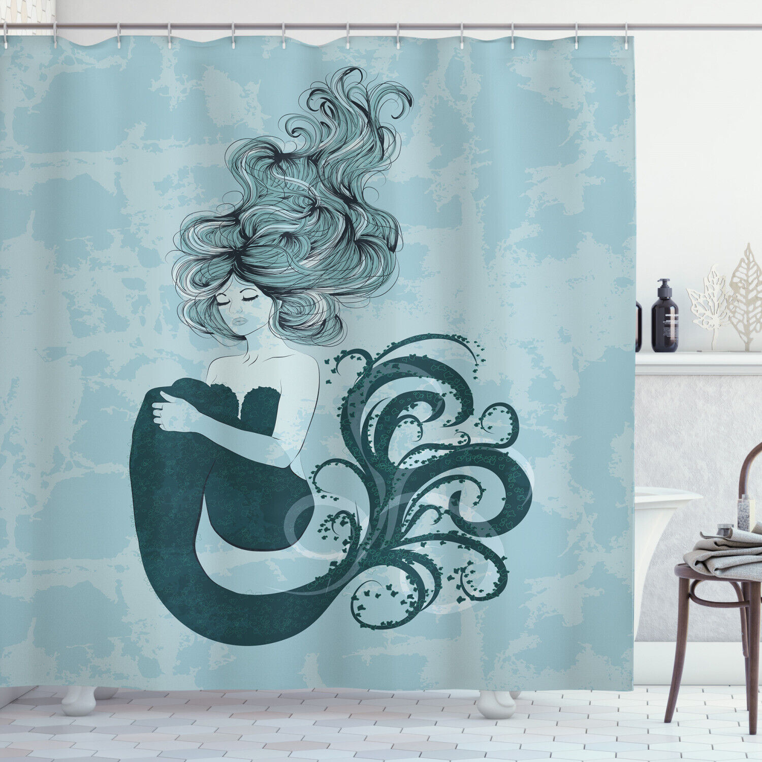 Sleeping Mermaid Print Shower Curtain with Hand Drawn Effect for a Magical and Enchanting Bathroom