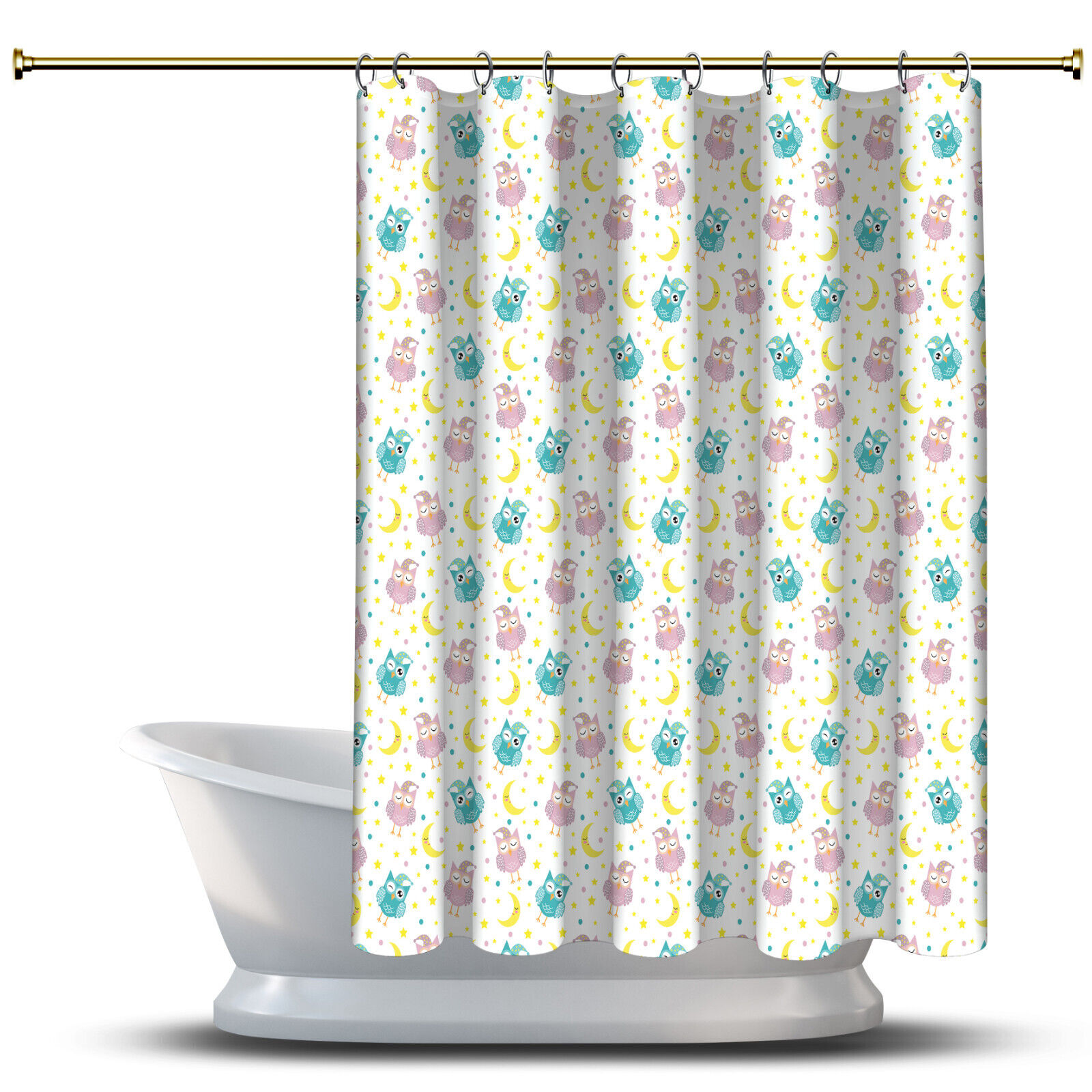 Sleeping Owls Pink And Green Cartoon Bathroom Shower Curtain With Waterproof Fabric