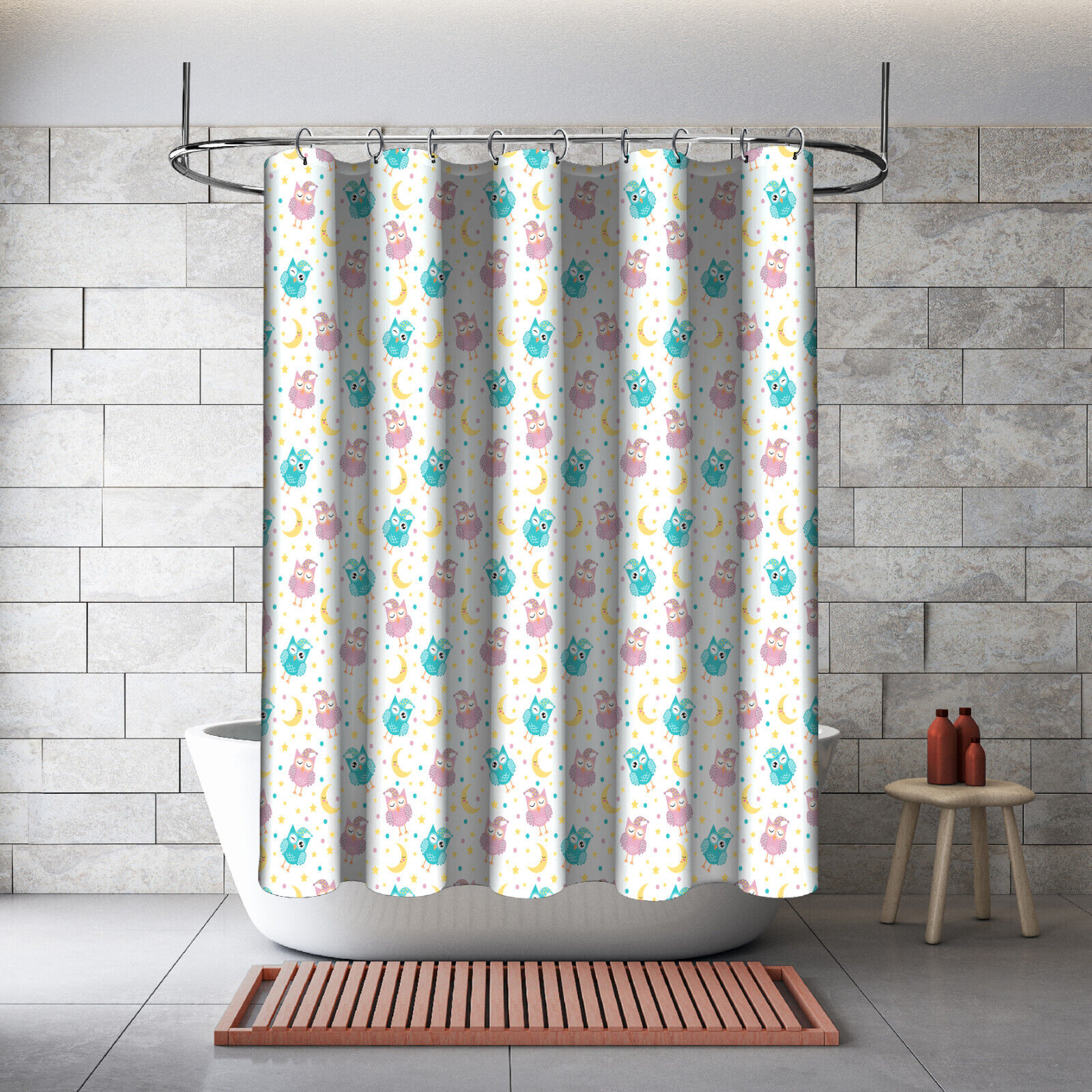 Sleeping Owls Pink And Green Cartoon Bathroom Shower Curtain With Waterproof Fabric - Image 2