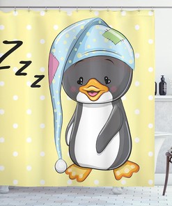 Sleepy Baby Penguin In Hood Ready To Bed Cartoon Shower Curtain - Cloth Fabric Bathroom Decors