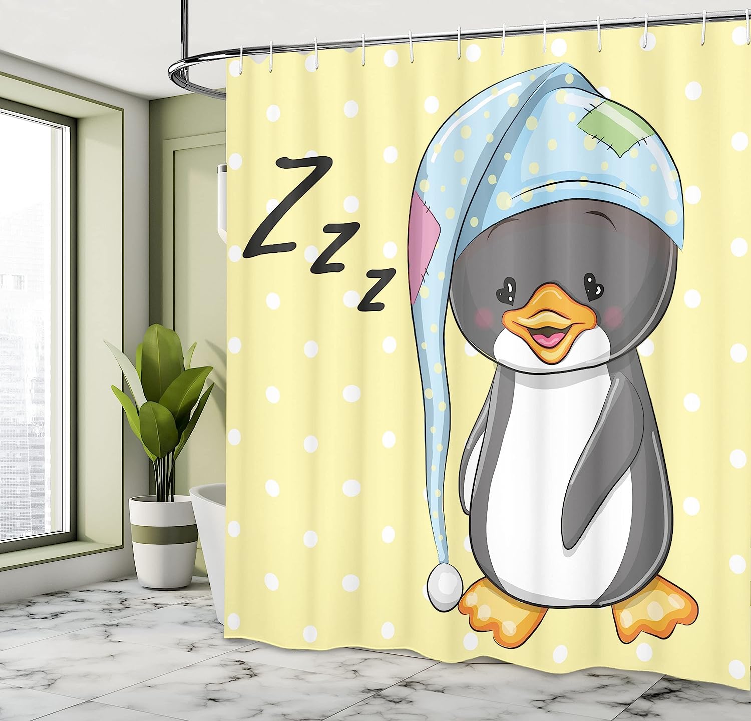 Sleepy Baby Penguin In Hood Ready To Bed Cartoon Shower Curtain - Cloth Fabric Bathroom Decors - Image 4