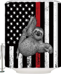 Sloth American Flag Respect Firefighters Shower Curtain - Lightweight Machine Washable Waterproof Fabric Bathroom Decor
