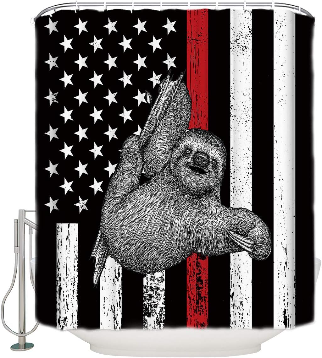 Sloth American Flag Respect Firefighters Shower Curtain - Lightweight Machine Washable Waterproof Fabric Bathroom Decor