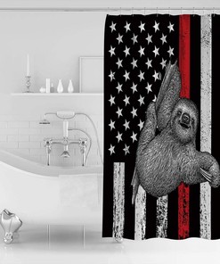Sloth American Flag Respect Firefighters Shower Curtain - Lightweight Machine Washable Waterproof Fabric Bathroom Decor