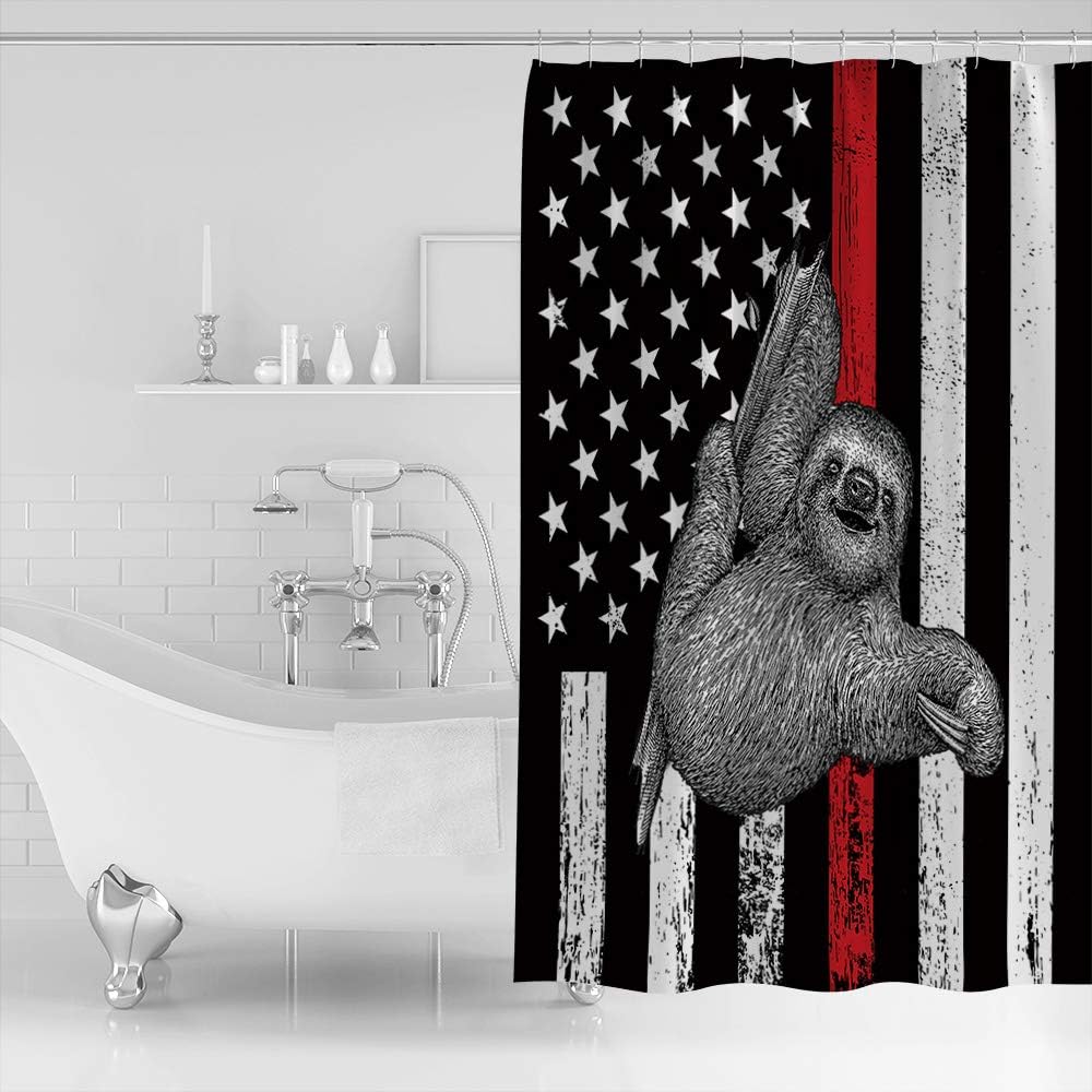 Sloth American Flag Respect Firefighters Shower Curtain - Lightweight Machine Washable Waterproof Fabric Bathroom Decor