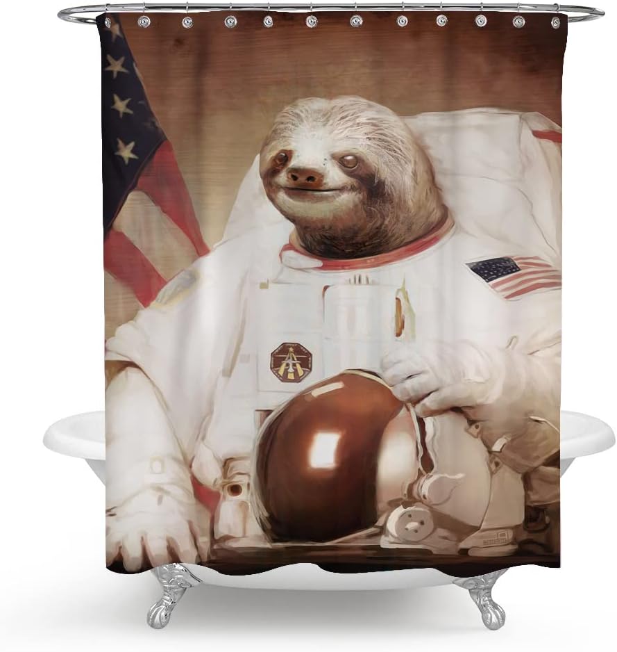 Sloth Astronaut Shower Curtain, Funny Cartoon Animal Design for Bathroom