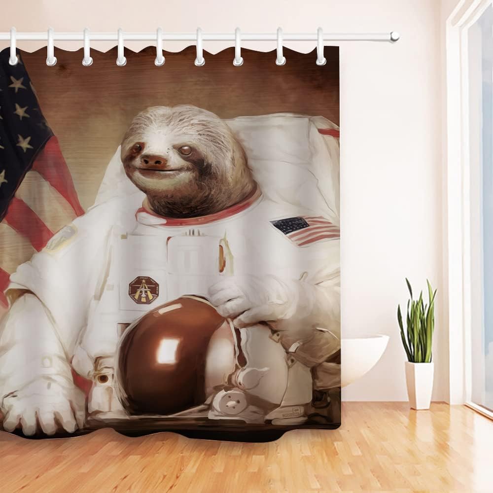 Sloth Astronaut Shower Curtain, Funny Cartoon Animal Design for Bathroom