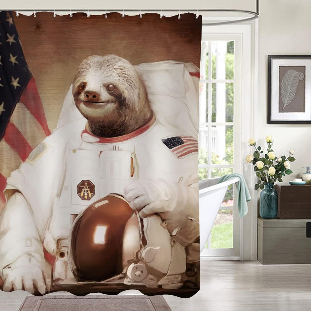 Sloth Astronaut Shower Curtain, Funny Cartoon Animal Design for Bathroom