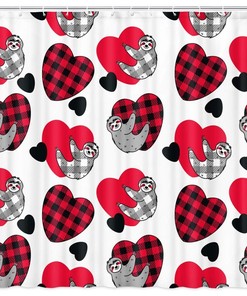 Sloth Hearts Tartan Shower Curtain - Waterproof Black And Red Bathroom Decor