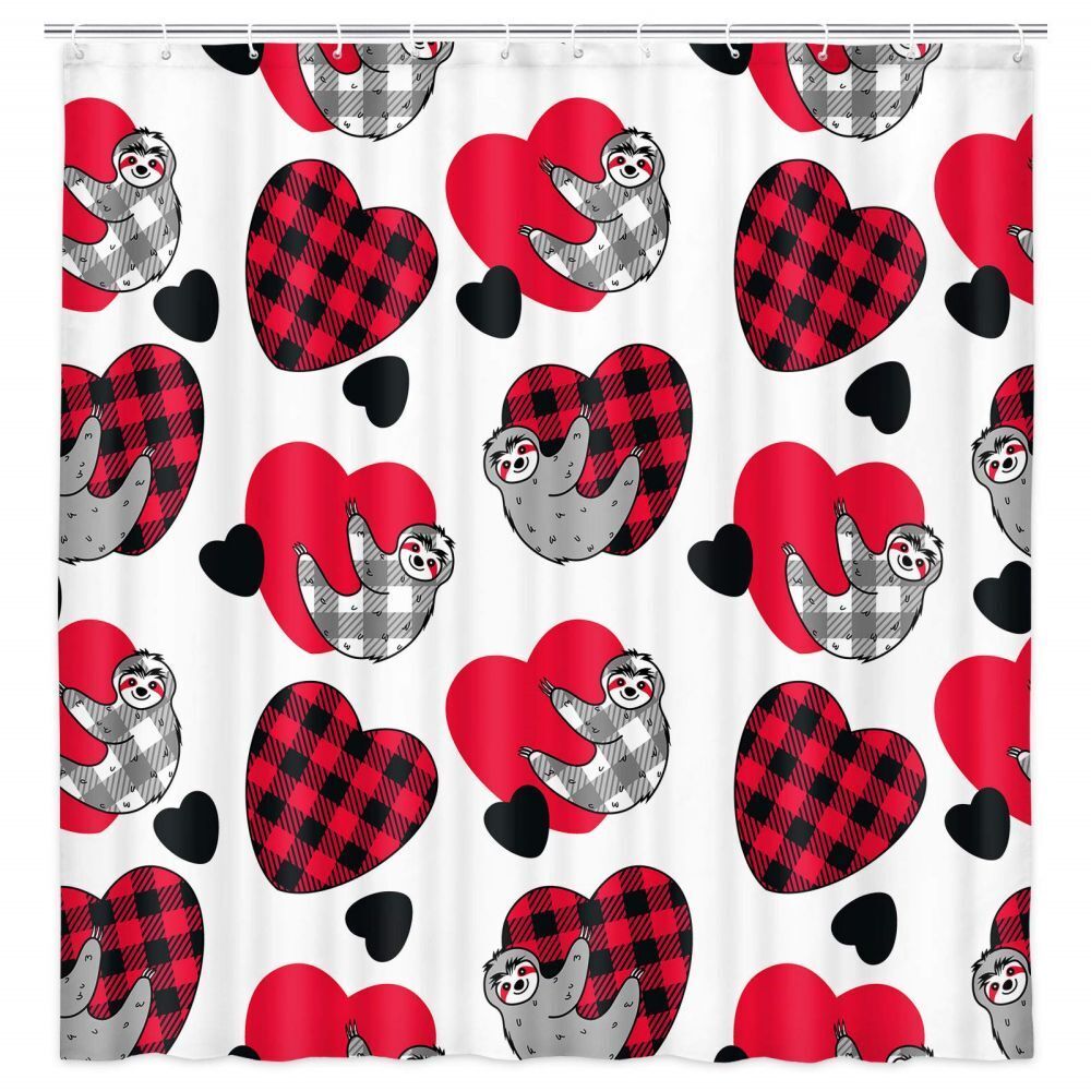 Sloth Hearts Tartan Shower Curtain - Waterproof Black And Red Bathroom Decor