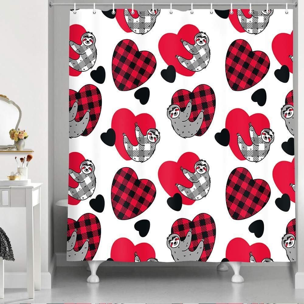 Sloth Hearts Tartan Shower Curtain - Waterproof Black And Red Bathroom Decor - Image 2