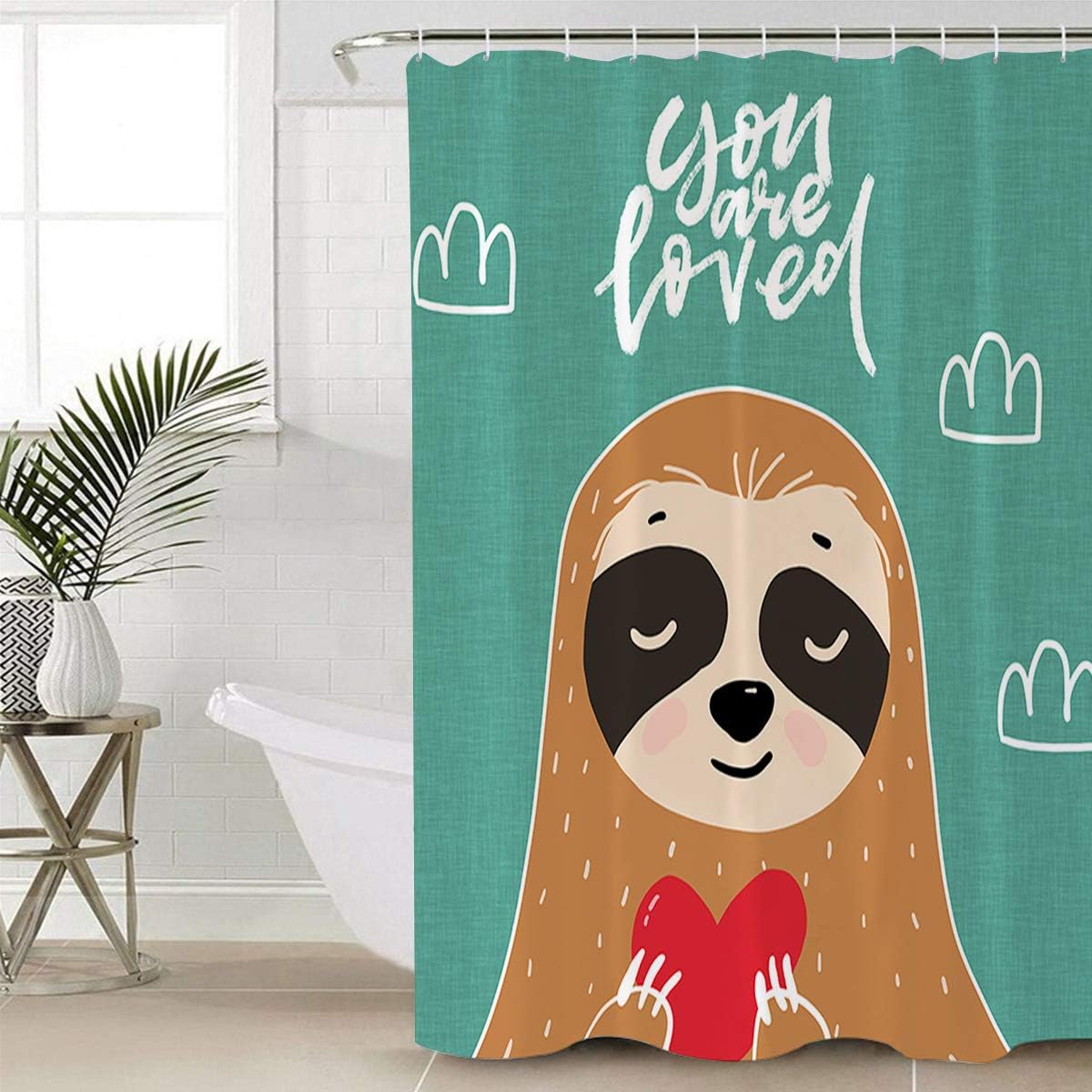 Sloth Holding Love and Praying Cute Shower Curtain for a Charming Bathroom