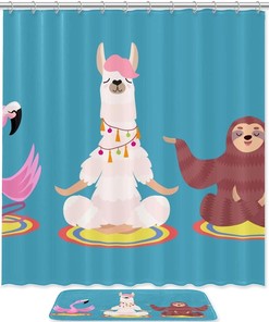 Sloth Lama Flamingo Shower Curtain Set, Quirky and Fun Kids Bathroom Decor