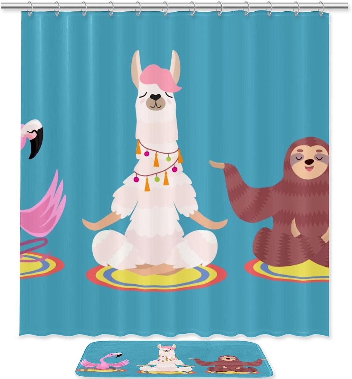 Sloth Lama Flamingo Shower Curtain Set, Quirky and Fun Kids Bathroom Decor