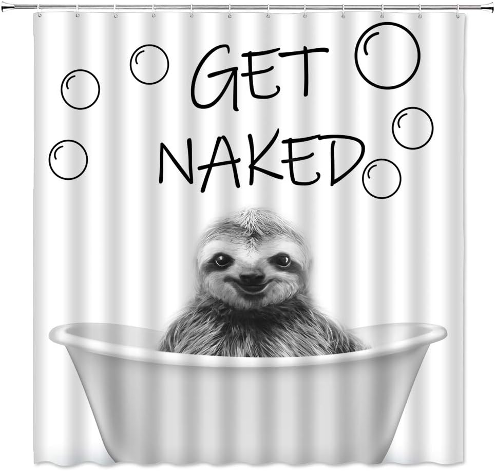 Sloth Shower Curtain, Funny Animal Print, Sketch Pattern, Black and White Bathroom Decor