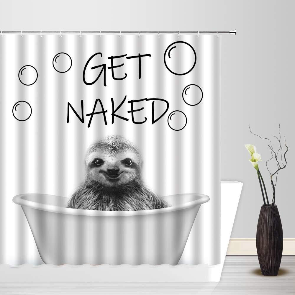 Sloth Shower Curtain, Funny Animal Print, Sketch Pattern, Black and White Bathroom Decor