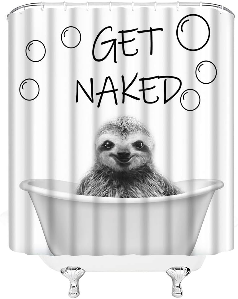 Sloth Shower Curtain, Funny Animal Print, Sketch Pattern, Black and White Bathroom Decor
