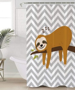 Sloth on Branch Geometric Stripes Cartoon Shower Curtain for Kids Bathrooms