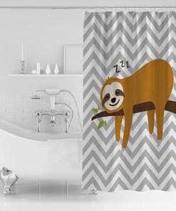 Sloth on Branch Geometric Stripes Cartoon Shower Curtain for Kids Bathrooms