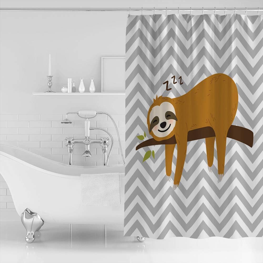 Sloth on Branch Geometric Stripes Cartoon Shower Curtain for Kids Bathrooms
