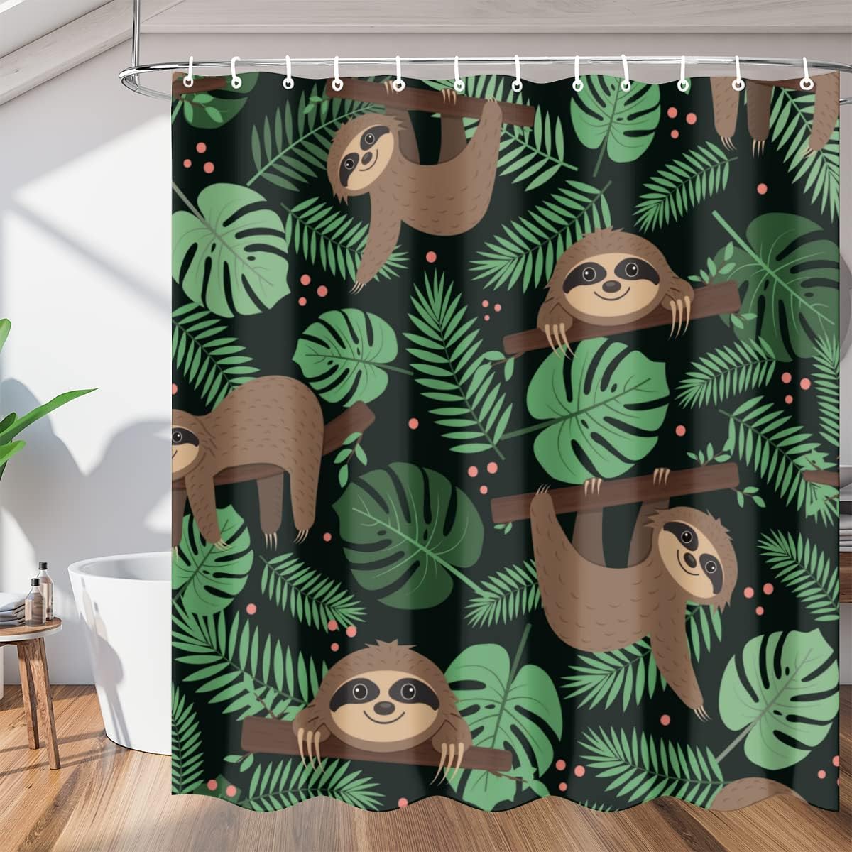 Sloth with Tropical Leaves Shower Curtain for Bathroom Fabric Home Decor