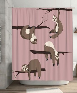 Sloths Cartoon Hanging Sleeping in Tree Shower Curtain, Cute Funny Animals Fabric Waterproof Curtain 