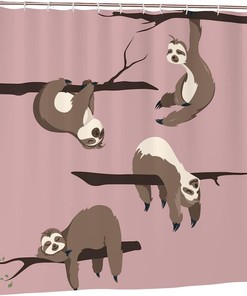 Sloths Cartoon Hanging Sleeping in Tree Shower Curtain, Cute Funny Animals Fabric Waterproof Curtain