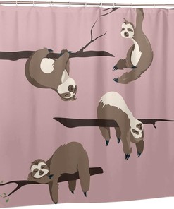 Sloths Cartoon Hanging Sleeping in Tree Shower Curtain, Cute Funny Animals Fabric Waterproof Curtain 