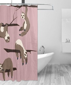 Sloths Cartoon Hanging Sleeping in Tree Shower Curtain, Cute Funny Animals Fabric Waterproof Curtain 
