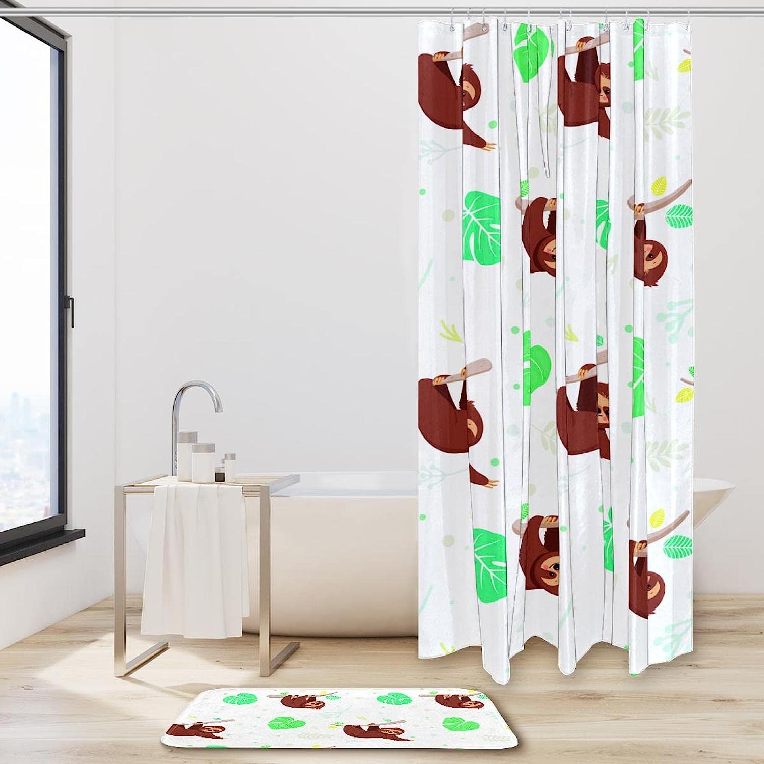 Sloths and Tropical Leaves Shower Curtain for a Playful Bathroom Decor