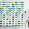 Small Aquatic Life Animal Shower Curtain With Little Tiny Colored Whales In Row And In Cartoon Style Bathroom Decors